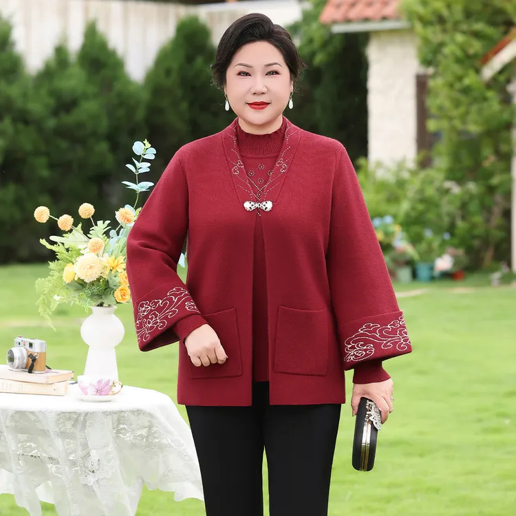 胖妈妈秋季新款套装红色喜庆开衫毛衫针织打底衫中老年女装