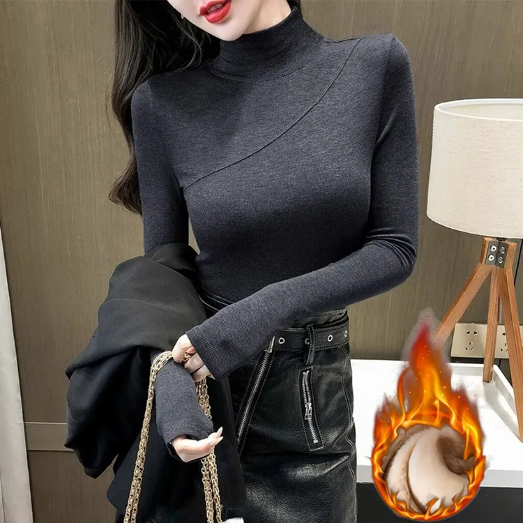 加绒加厚半高领打底衫女早秋内搭2025新款洋气保暖上衣T恤潮女款