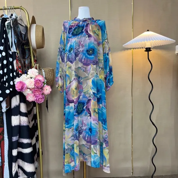 【42】敦煌霓裳彩色大花半高领连衣裙128长度