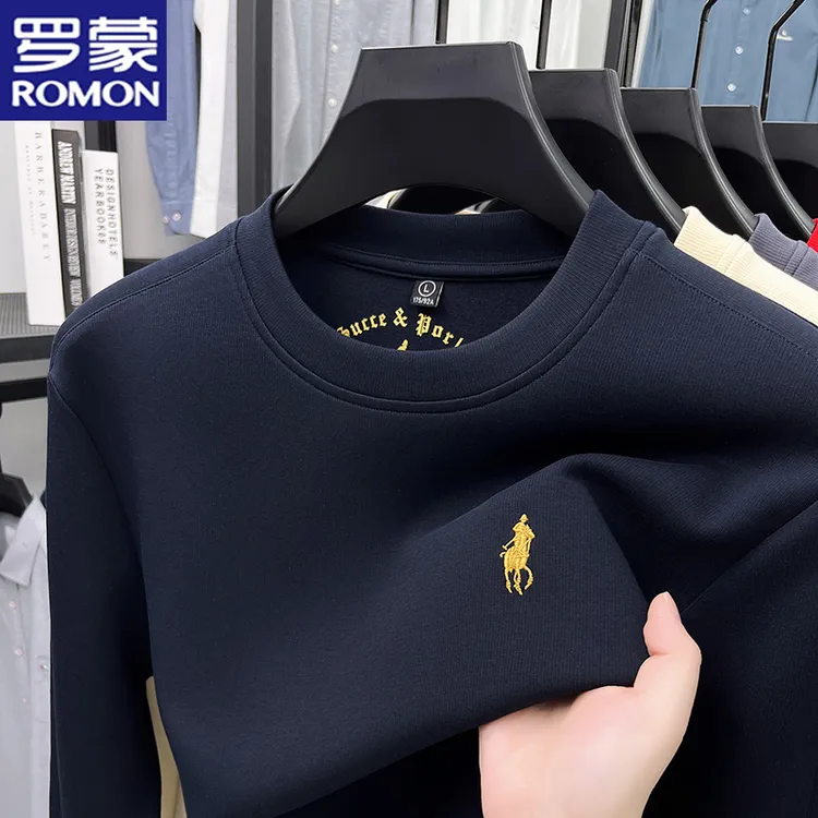 罗蒙高端马标刺绣男士圆领长袖T恤衫时尚潮流中青年休闲打底卫衣
