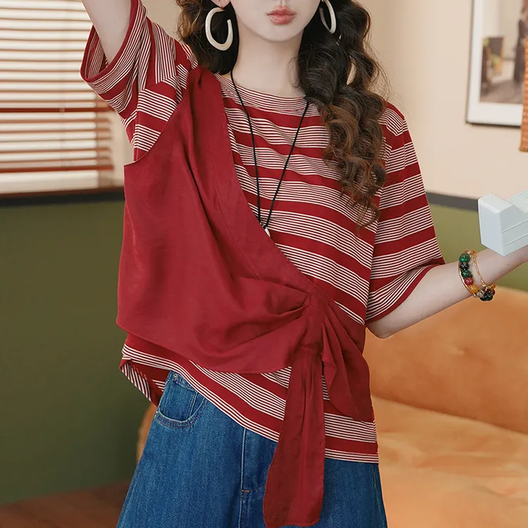 【樱桃慕斯】复古假两件红色条纹短袖T恤女设计感薄款减龄百搭上衣