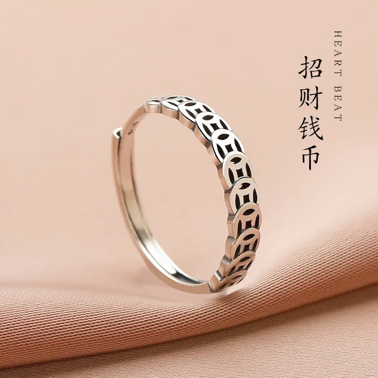 925银戒指 925纯银招财钱多多戒指女2025新款爆款指环铜钱食指戒