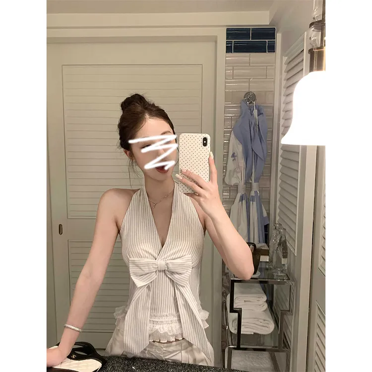 人间梦露 鱼骨束型挂脖V领蝴蝶结花边拼接小衫女夏纯欲吊带上衣