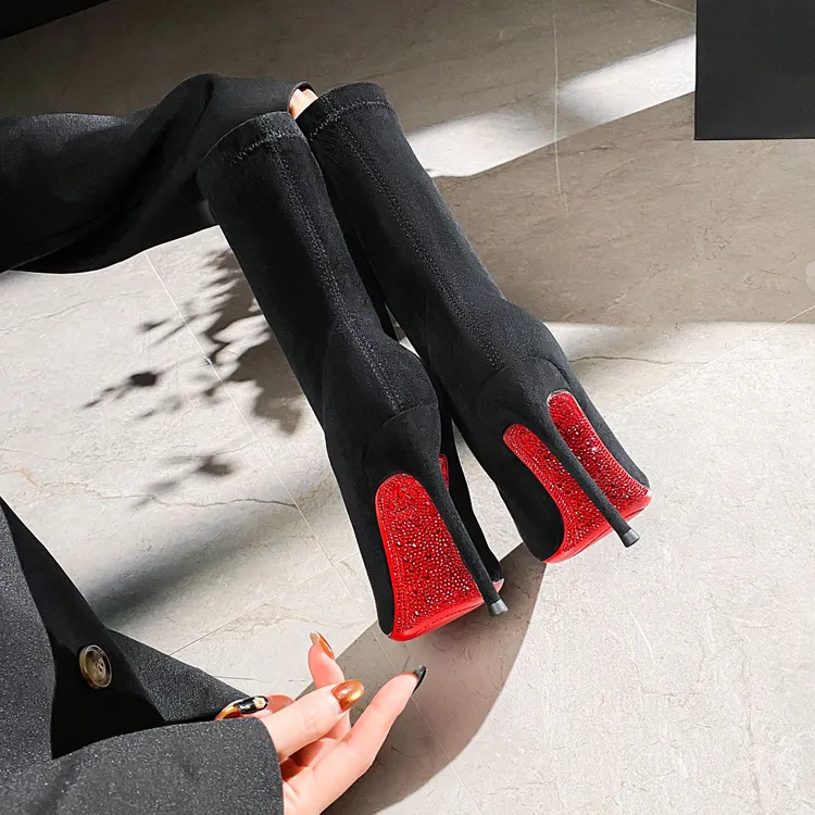 弹力靴红底带钻款秋冬细跟短靴欧美风女鞋袜靴尖头百搭瘦瘦靴女