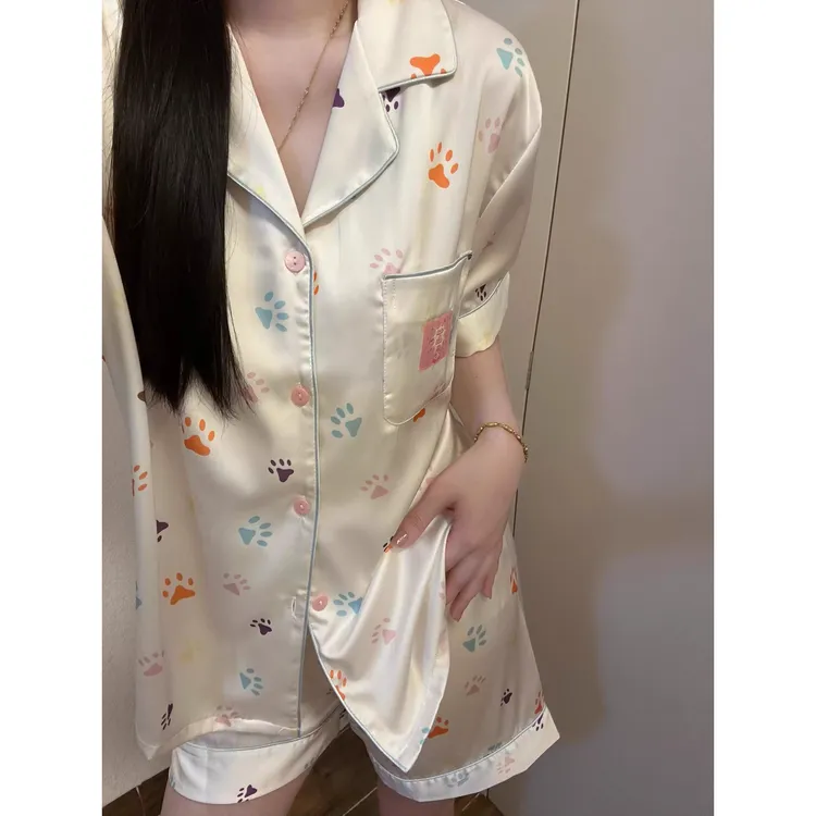 韩系甜美可爱狗爪冰丝睡衣女夏季2025年新款缎面凉感家居服套装夏