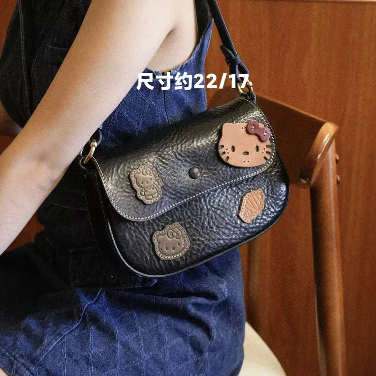 制道手工女士单肩斜挎包腋下时尚复古可爱kitty猫咪牛皮mbox手提
