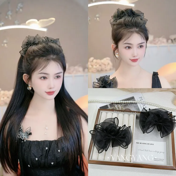 法式气质百搭简约高级感赫本千金风网纱蝴蝶结泡泡纱抓夹头饰7cm