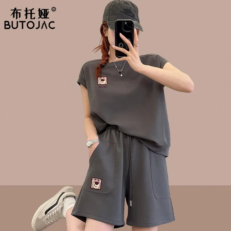 2025夏季新款女士运动服套装休闲时尚两件套短袖短裤小个子大码