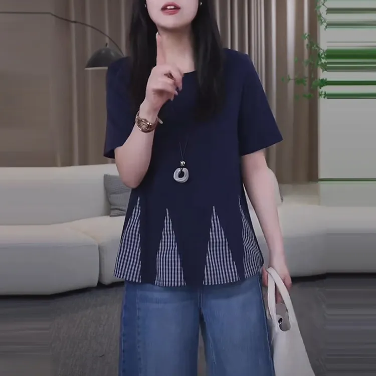 独特设计感撞色拼接格纹下摆宽松上衣夏季爆款轻薄短袖显白T恤女