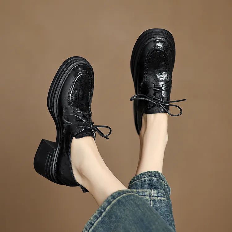 VICEN FIFI7cm/复古英伦风方头系带乐福鞋女2026春季显瘦百搭单鞋