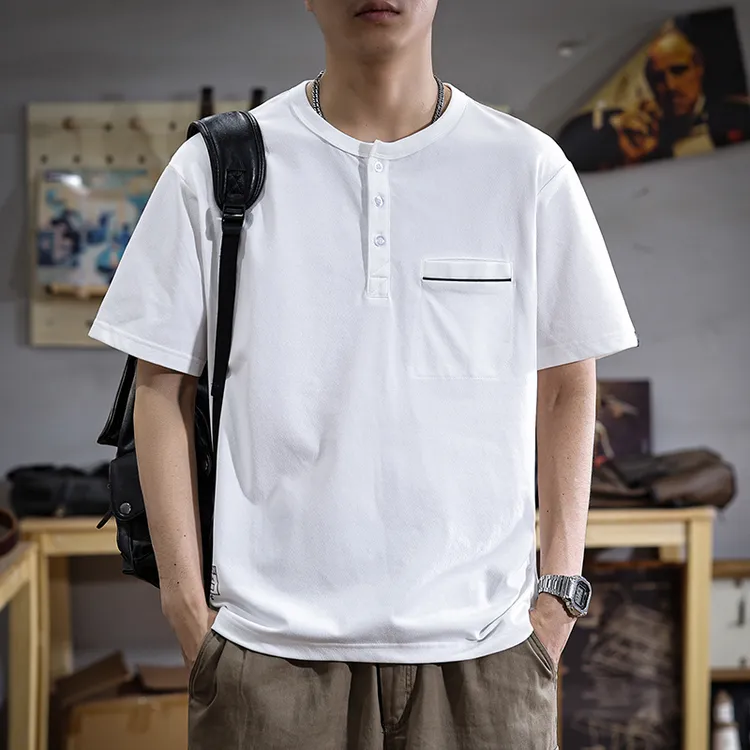 aoyu/遨宇2025夏季新款亨利领男士短袖t恤高端针织宽松休闲体恤男