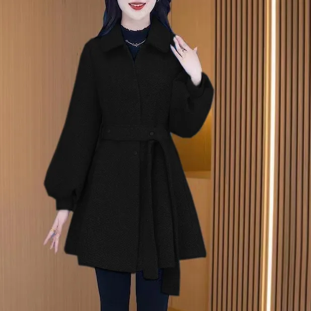 新款毛呢外套加棉加厚中长款毛呢大衣女