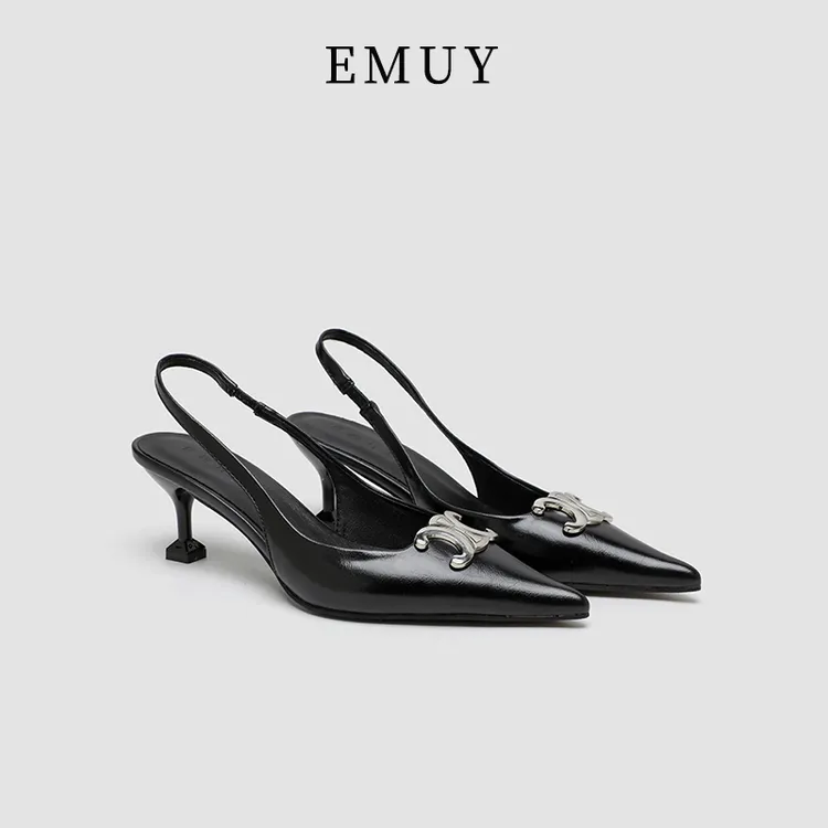 emuy轻奢女鞋黑色猫跟单鞋女中跟小众尖头后空浅口包头高跟鞋细跟