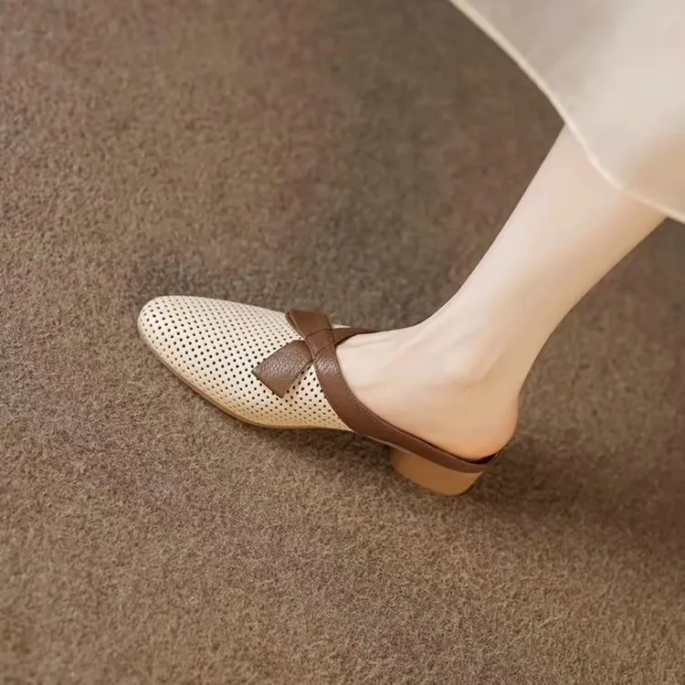 真软皮法式透气镂空包头半拖鞋女2025时尚百搭凉拖懒人低跟穆勒鞋