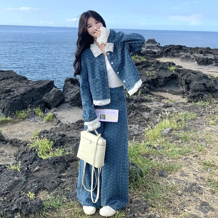 韩版时尚牛仔套装女秋季新款蕾丝花边牛仔短上衣高腰阔腿裤两件套
