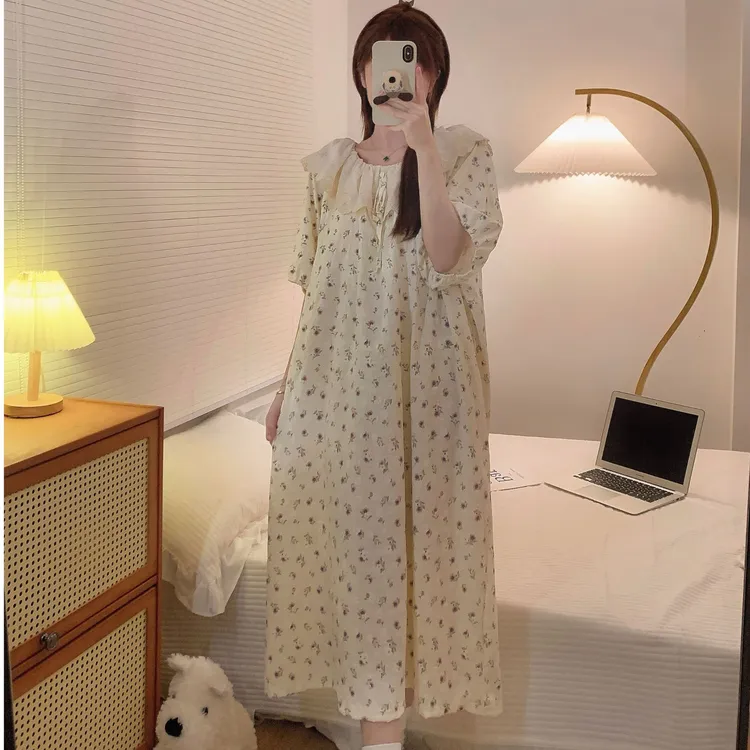 长款碎花大码长裙气质显瘦一字领夏季甜美圆领睡裙短袖时尚法式