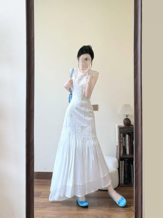 白色蕾丝拼接雪纺连衣裙子2025新今年流行初夏穿搭独特漂亮掐腰裙