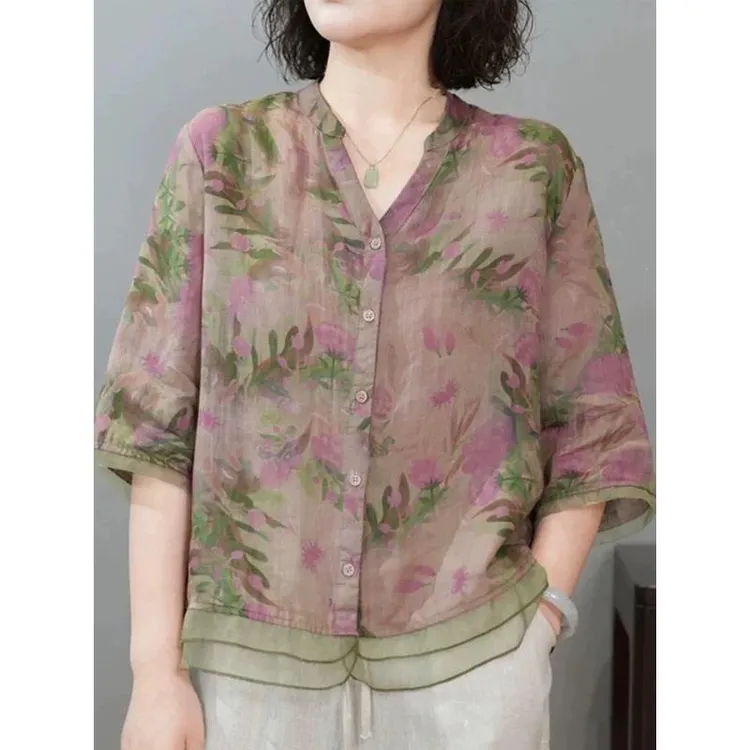 苎麻开衫女夏季2025新款国风印花衬衫时尚宽松妈妈装中袖短款上衣