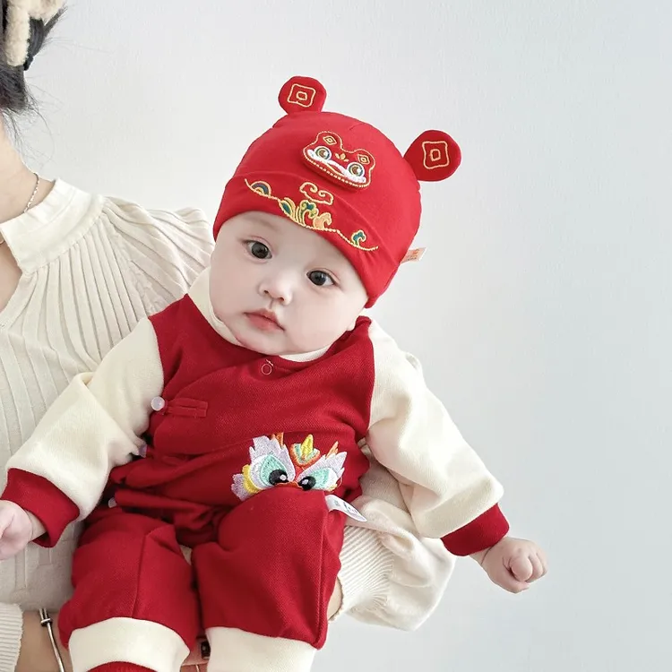 婴儿帽子秋冬喜庆蛇年新生儿龙宝宝新年纯棉胎帽小月龄红色满月帽