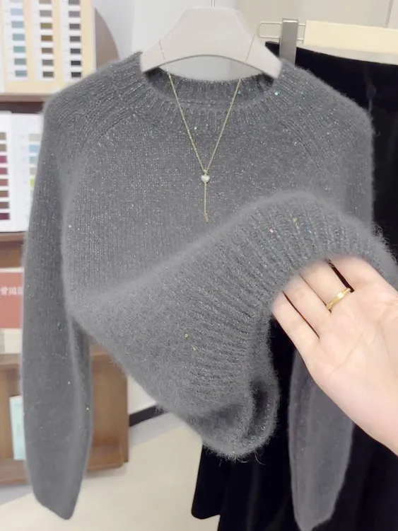 时尚轻奢亮片圆领针织衫2025年秋冬季高级感洋气小众长袖毛衣女装