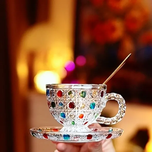 宝石纹彩绘复古牛奶杯带勺法式奶杯浮雕茶杯咖啡杯碟勺组合