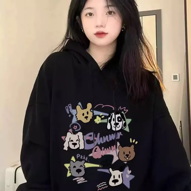 加肥大码300斤韩版慵懒风卡通印花连帽卫衣加绒加厚宽松显瘦上衣