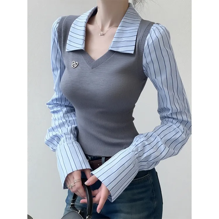 秋季小众设计感韩系独特别致百搭气质修身显瘦拼接条纹假两件上衣