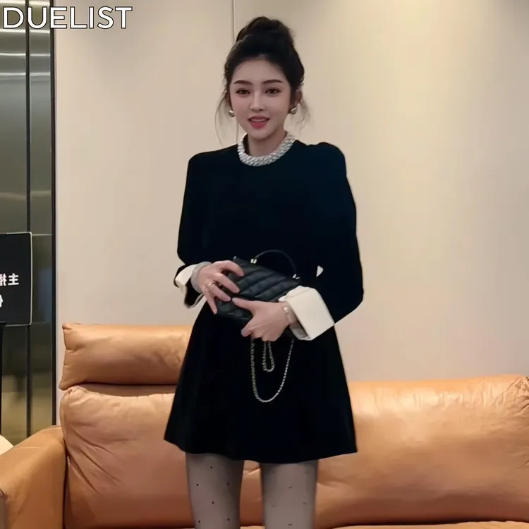 DUELIST法式赫本风立领连衣裙女设计感撞色拼接气质内搭小黑裙子