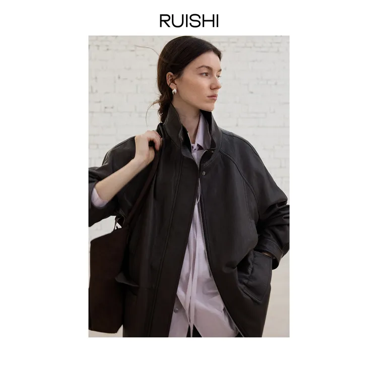 RUISHI芮时“飒柔漫迹”仿羊皮立领收腰夹克外套女秋冬R25D199601