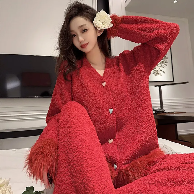 本命年红色性感半边绒睡衣女士秋冬款加绒加厚可外穿家居服结婚