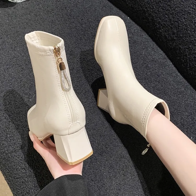 2025年新款跟5厘米秋冬季软皮时尚潮流通勤方头粗跟时装靴女短靴