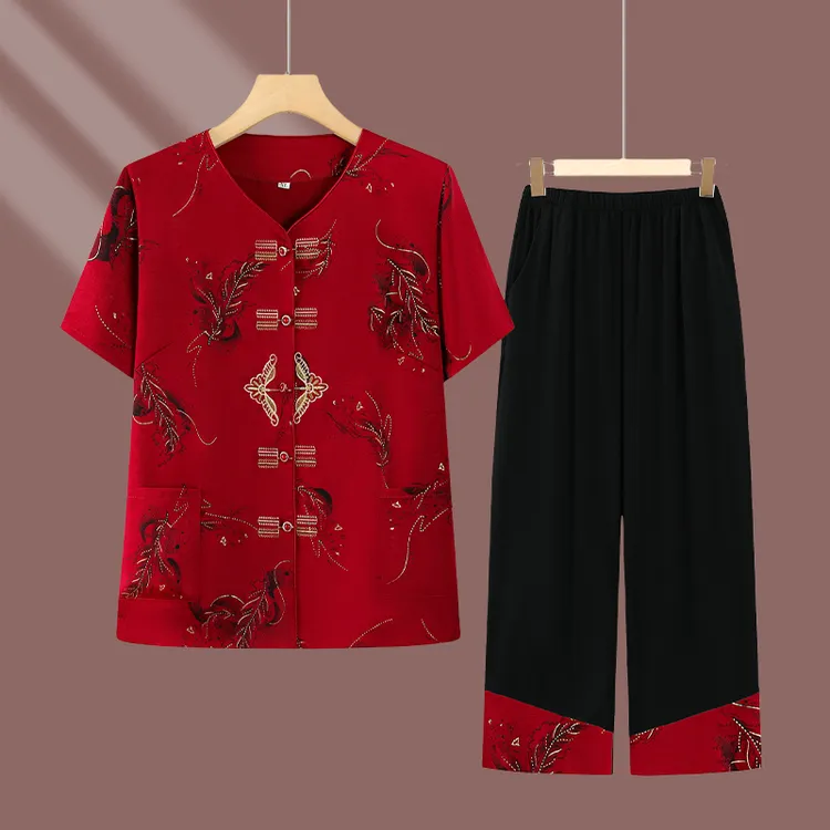 2025奶奶装夏季短袖圆领衬衫中老年人宽松衣服女老太太衫开衫套装