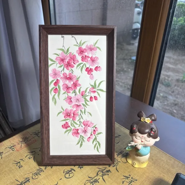 手绘国画桃花，摆台，装饰画，含框14.7×26.4