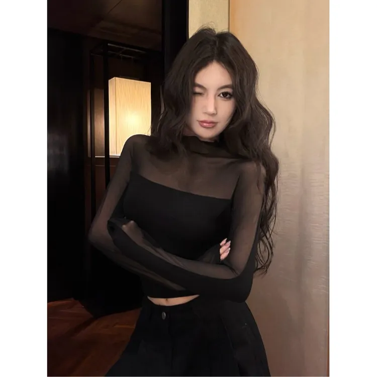 【运补】秋冬洋气辣妹半高领上衣服小众透视网纱长袖T恤女修身显瘦