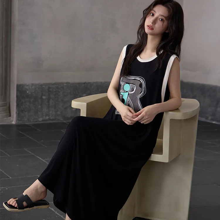 2025夏季新款莫代尔无袖背心睡裙女款带胸垫卡通简约家居服睡裙