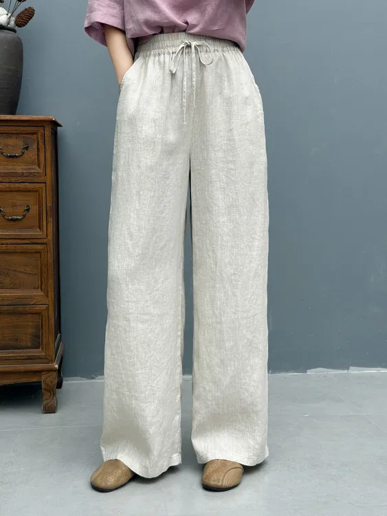 【亚麻 直筒裤】夏季时尚百搭宽松纯亚松紧腰纯色麻直筒裤女士长裤