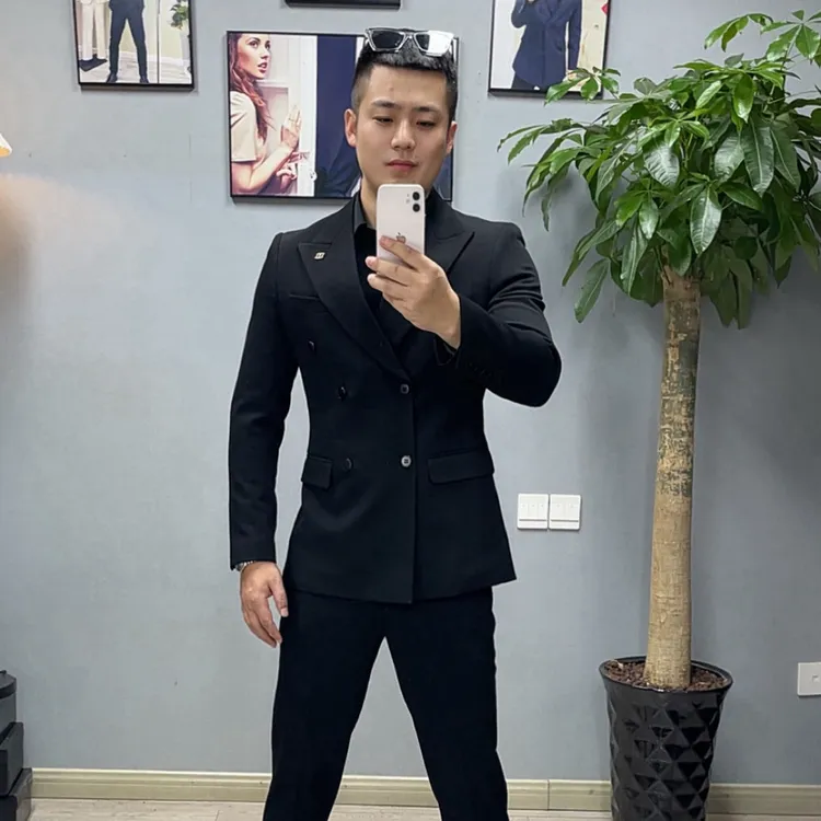 XZ6603男士秋冬款加厚双排扣双开叉痞帅纯色针织纹理修身弹力西服