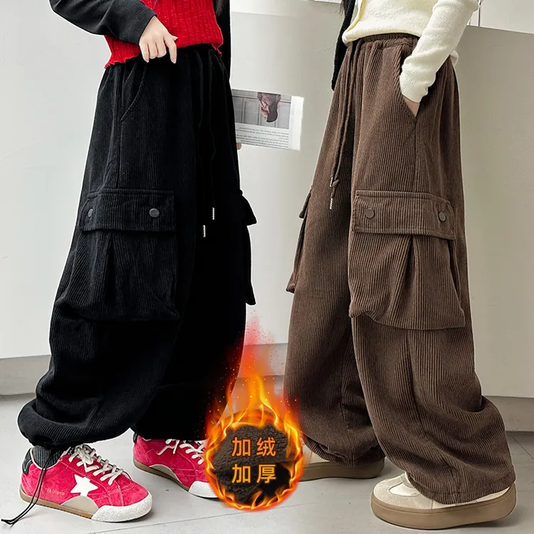 女童加绒裤子秋冬款2025新款洋气儿童灯芯绒休闲裤冬季大童工装裤