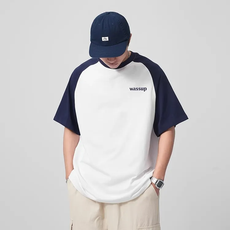 WASSUP撞色短袖男士夏季新款宽松字母潮牌插肩袖情侣休闲体恤上衣