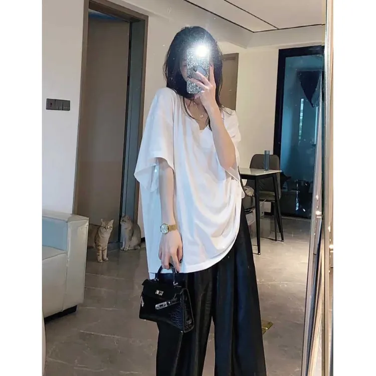 【运补6-10￥】松弛感慵懒风宽松大V领口纯白色基础款大码短袖T恤