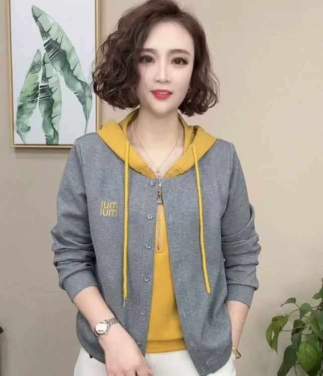 2025春季新款时尚宽松气质百搭假两件长袖连帽女打底衫上衣#202