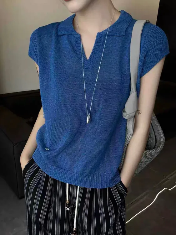 气质舒适翻领短袖针织衫女夏季新款修身显瘦高级感减龄上衣潮9249