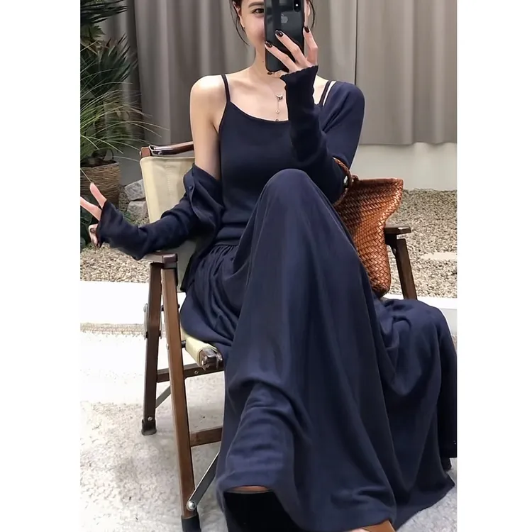 慵懒风松弛套装女早秋开衫背心半身裙三件套韩风chic一整套显瘦