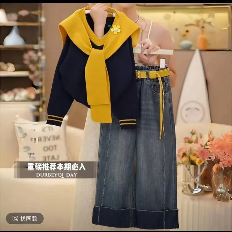 女童秋款套装2025新款V领披肩针织上衣儿童洋气牛仔裤休闲套装潮