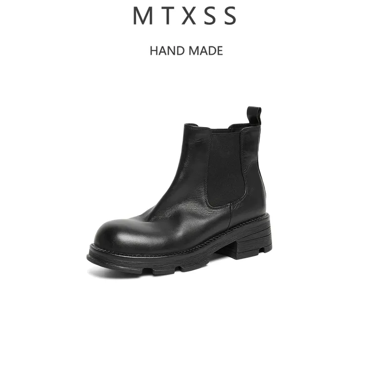 水洗头层牛皮/4.5厘米跟高/圆头松紧带休闲马丁靴短靴女鞋M112