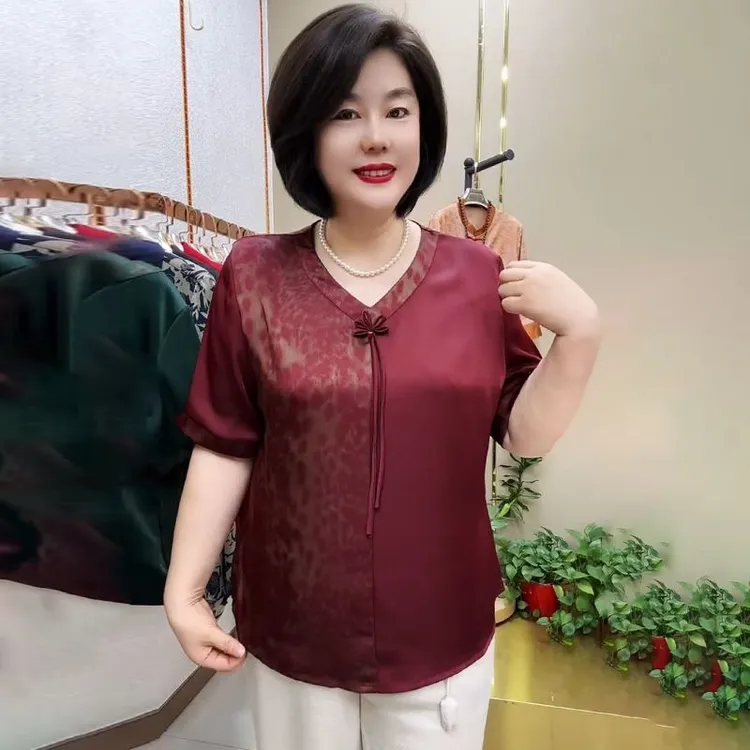 H夏季舒适新中式国风真丝妈妈装洋气大码衬衫气质洋气宽松上衣