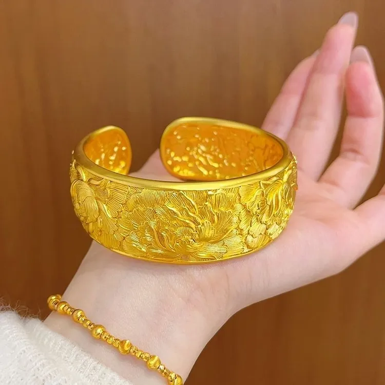 铜合金手镯 新款中式精品高货錾刻牡丹花宽面25N开口手镯气质爆款