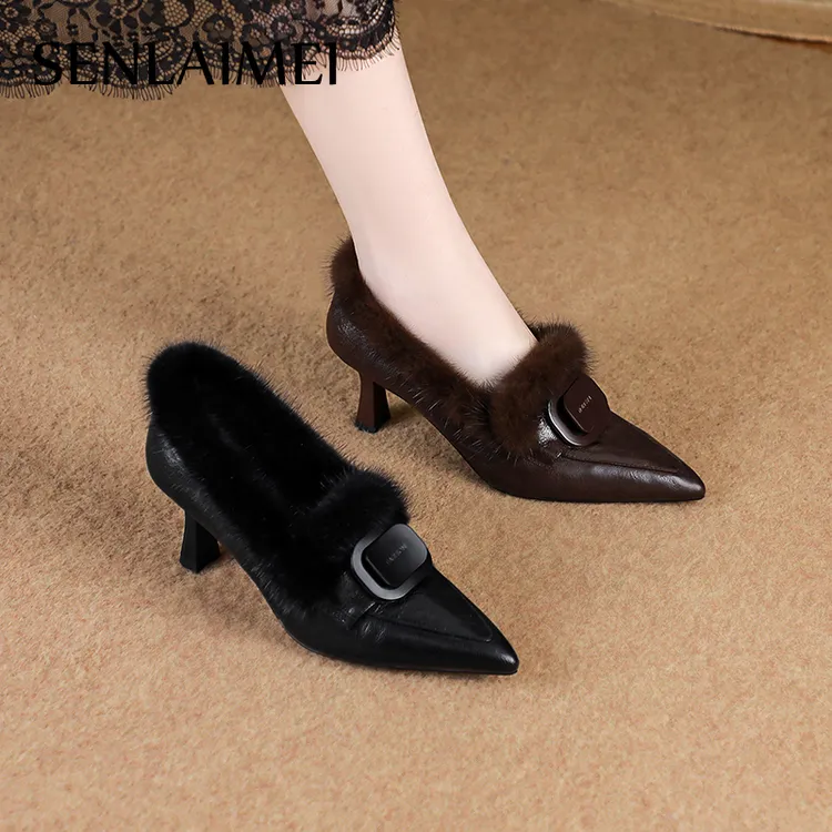 WL毛毛鞋1016尖头细跟33-40新款显瘦气质舒适优雅保暖绒里单鞋女