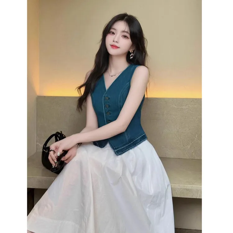 牛仔马甲女款2025新款夏款小个子外穿无袖坎肩马夹v领外套上衣ins