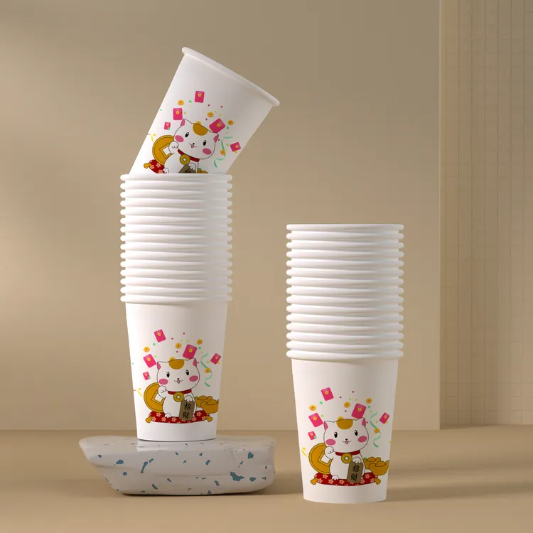 厂家批发家用高档一次性纸杯招财猫卡通国潮加厚加硬漏水包赔
